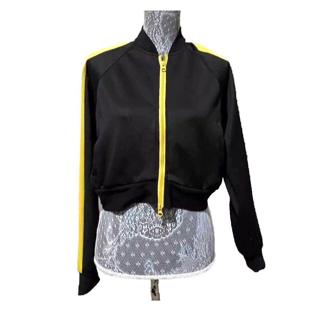 Fashion Nova Black Track Jacket M Striped Sleeve Cropped Zip Up Womens Athletic - Picture 10 of 13